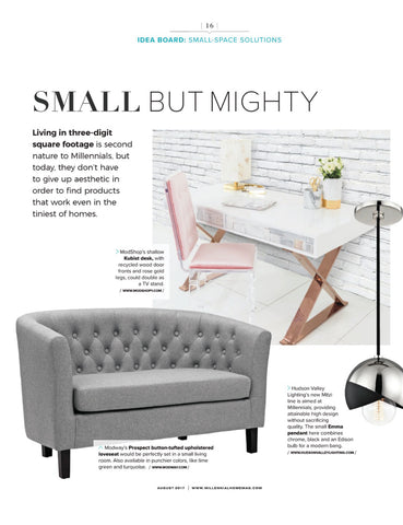 millenial home magazine article idea board small space solutions featuring modshop's kubist desk with recycled wood door fronts and rose gold legs