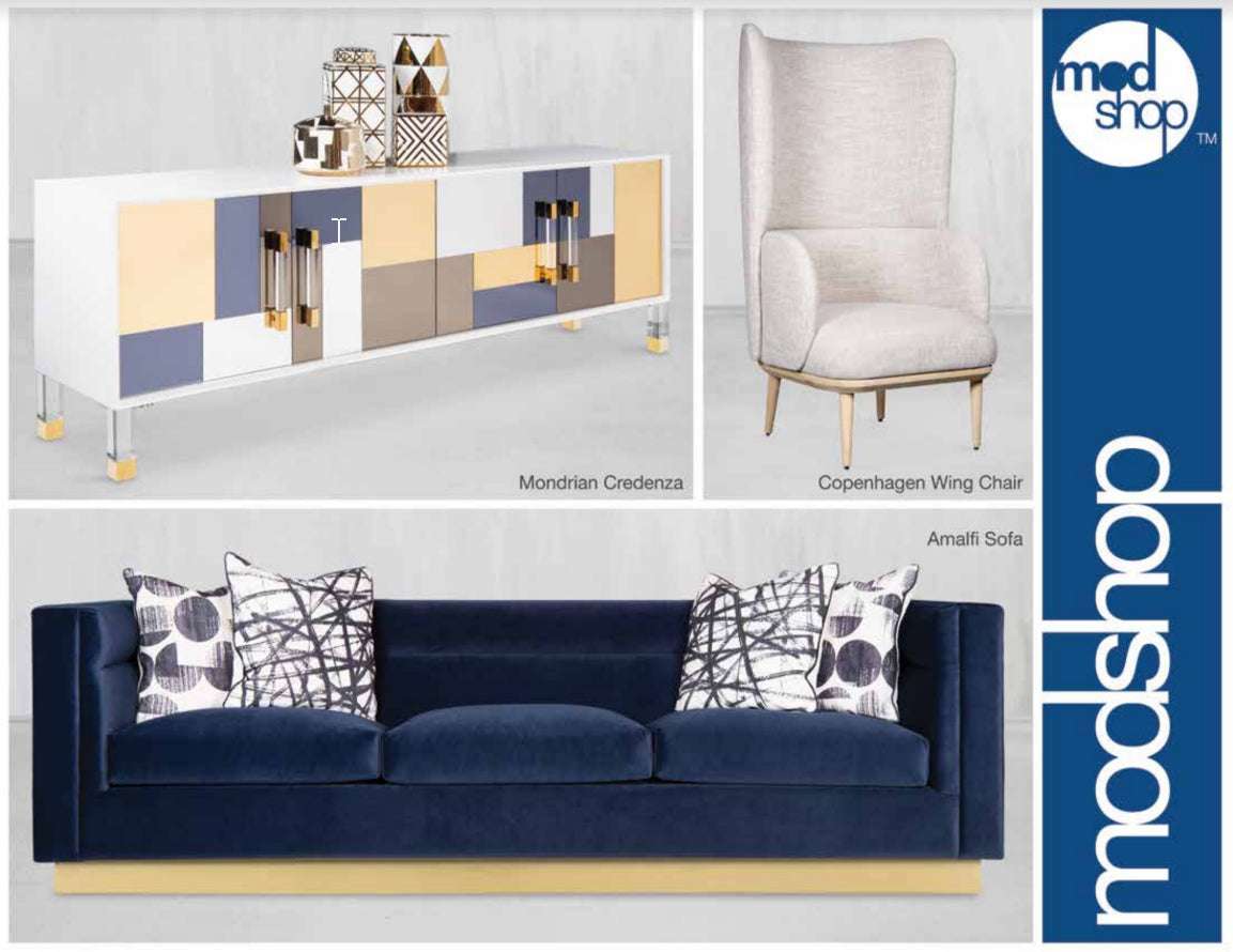Modern-style credenza, chair and sofa in white, gold, beige and blue color theme, with 'ModShop' in bold print on right side