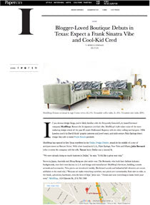 Web article about a boutique in Texas, photo of green, modern-style sofa decorated with bold-patterned pillows, map below