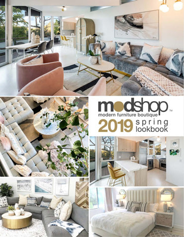 Words 'ModShop spring lookbook 2019', photos of peach-and-gray-toned, upscale modern living rooms, kitchen, bedroom interiors