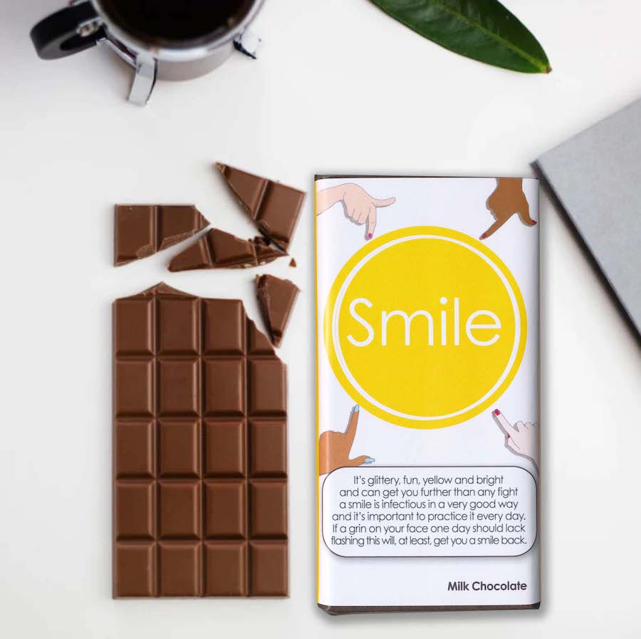 Chocolate bar with 'smile' wrapper