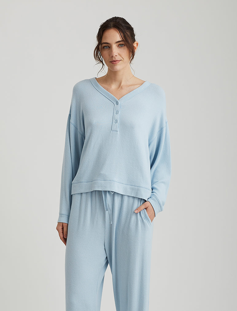 Papinelle Feather Soft Long Sleeve Boxy Henley In Cloud Blue