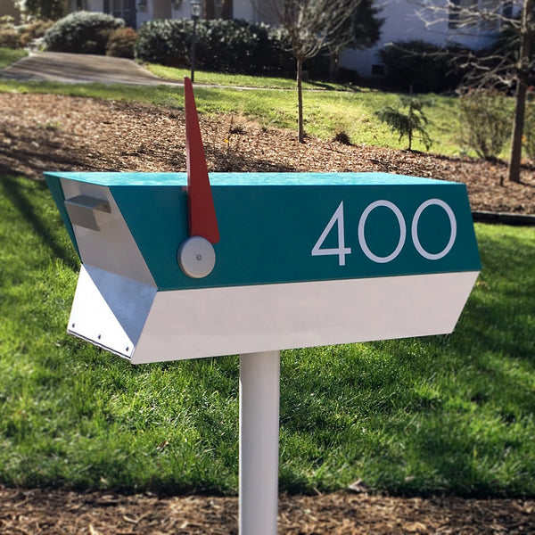midcentury modern mailbox with address number decals from Modern House Numbers