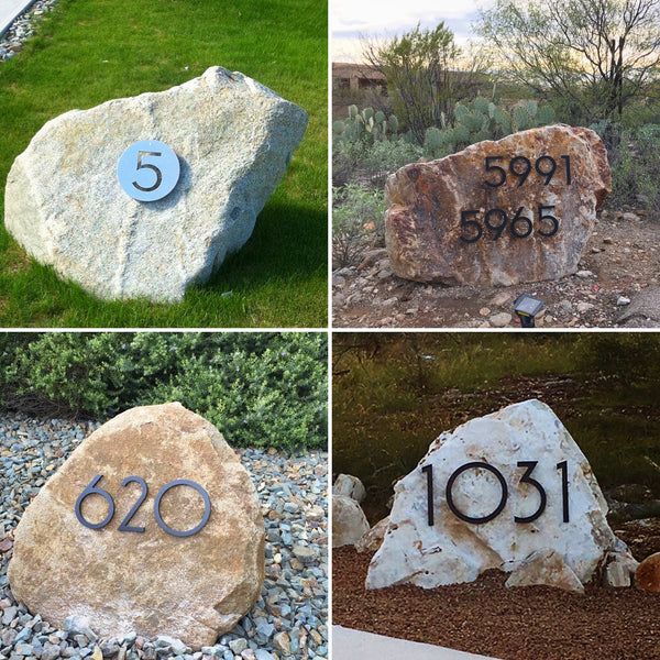 Modern House Numbers 4-image collage of address numbers and plaques installed on boulders.