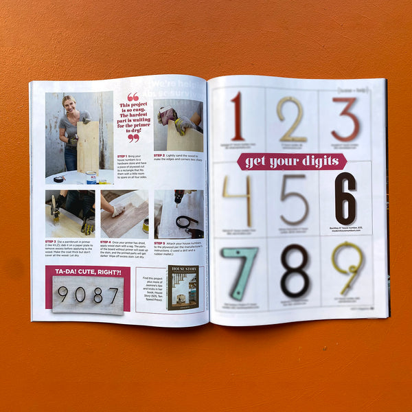 October issue of HGTV Magazine featuring Jasmine Roth, showcases Modern House Numbers Backbay numbers in a address number round-up and how-to article "Get Your Digits"