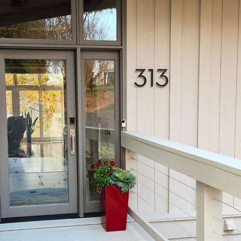 Modern House Numbers Black Palm Springs Numbers, 8", 313, installed on beige siding