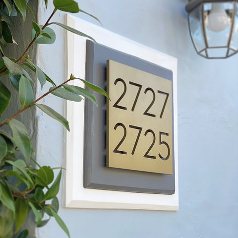 Modern House Numbers Address Plaque, brass, 2727, 2725, in Palm Springs font.