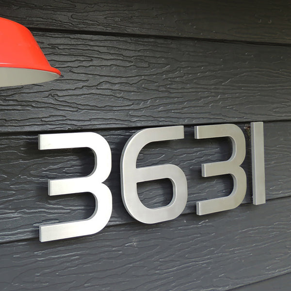 Bold metal address numbers, brushed aluminum, from Modern House Numbers