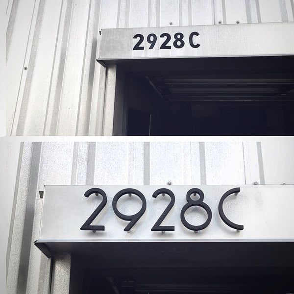 Modern House Numbers '2928C', 4" SoCal font in Matte Black installed on a metal fascia
