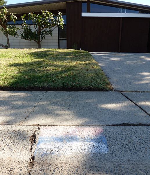 "Before" photo, Eichler home, before new Curb Stencil Decal, Palm Springs font Modern House Numbers