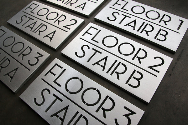 Custom Interior Wayfinding Directional Signs, Brushed Aluminum, Palm Springs font - Modern House Numbers