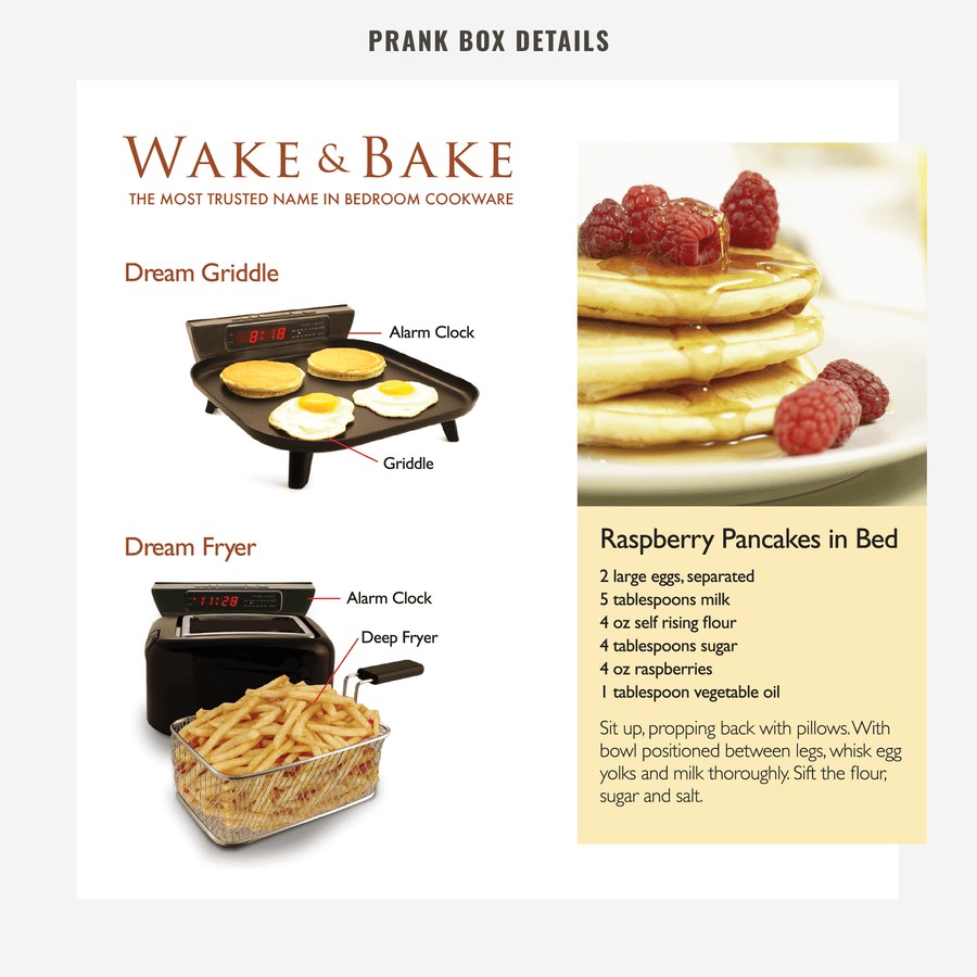 details from joke gift box for Wake & Bake Dream Griddle Alarm Clock from Prank-O