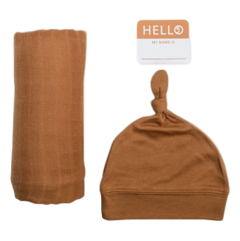 Image of Lulujo Hello World Swaddle & Hat - Tan