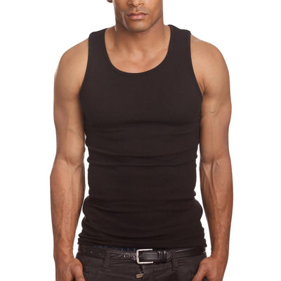 100% Cotton Men's A-Shirts Long Muscle Shirt Tank Top / Black / Medium