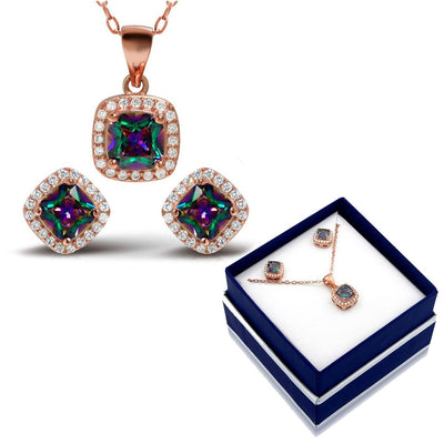 18K Rose Gold Over Sterling Silver Rainbow Topaz Halo Necklace and Earrings