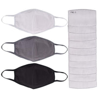 3-Pack: Cotton Reusable Face Masks with 10 Filters / White/Gray/Black