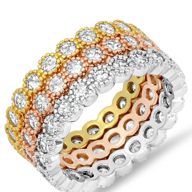 3-Piece Set: Tri-toned 18k White, Gold and Rose Stackable Eternity Rin