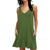 Women Summer Casual T Shirt Dresses Beach Cover up Plain Pleated Tank Dress / Army Green / Large