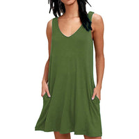 Women Summer Casual T Shirt Dresses Beach Cover up Plain Pleated Tank Dress / Army Green / Small