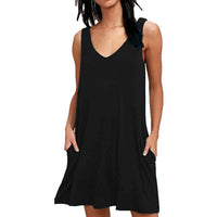 Women Summer Casual T Shirt Dresses Beach Cover up Plain Pleated Tank Dress / Black / Small