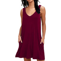 Women Summer Casual T Shirt Dresses Beach Cover up Plain Pleated Tank Dress / Burgundy / Small