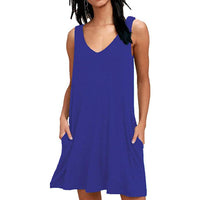 Women Summer Casual T Shirt Dresses Beach Cover up Plain Pleated Tank Dress / Royal Blue / Medium
