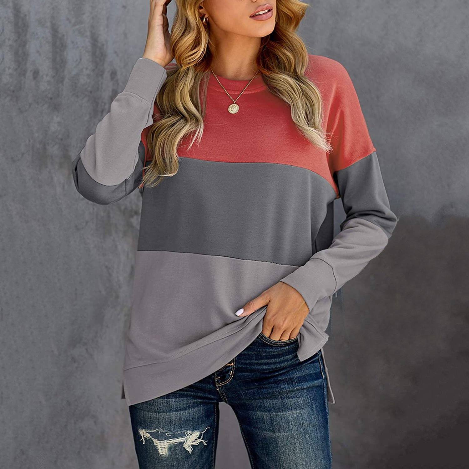 Womens Hoodie Color Block Long Sleeve Pullover Casual 1/4 Zip Up