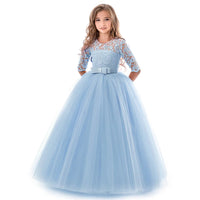 Girls' Floral Lace Solid Tulle Maxi Short Sleeve Vintage Gowns Dresses / Blue / 5-6 Years