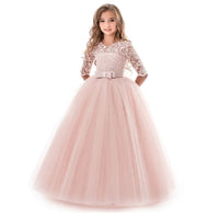Girls' Floral Lace Solid Tulle Maxi Short Sleeve Vintage Gowns Dresses / Pink / 5-6 Years