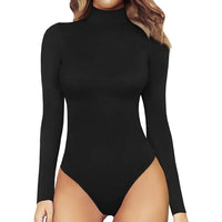 MANGOPOP Women's Mock Turtle Neck Long Sleeve Tops Bodysuit Jumpsuit / Black / Small