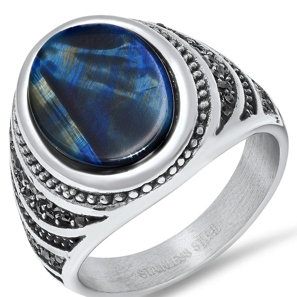 Men's Stainless Steel Blue Tiger Eye and Gray CZ Ring | DailySale