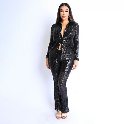 Sequin Button Down Shirt and Pant Set / Black / Small