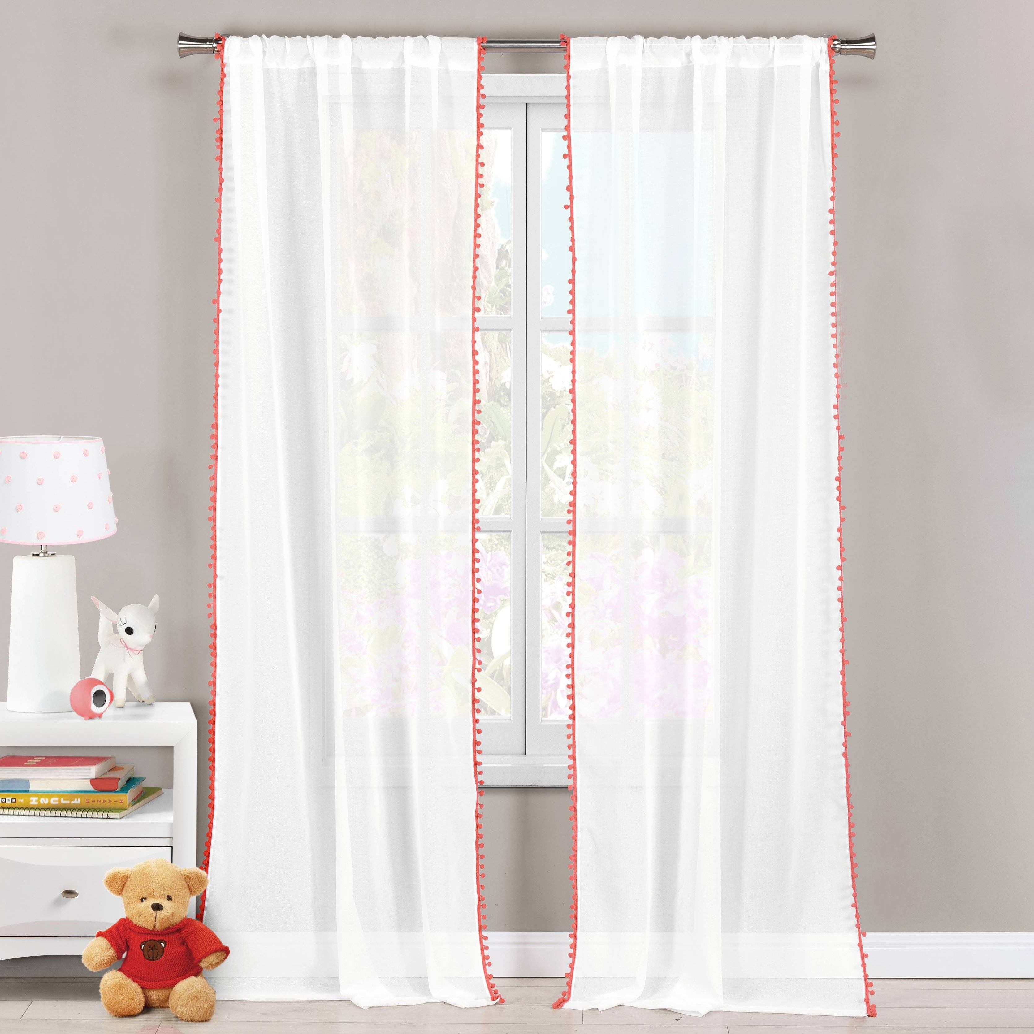 Set 2 Pompom Semi Sheer Window Curtain Pair Panel