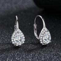 Sterling Silver Pear Omega Lever-back Halo Earring With Swarovski Crystals