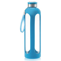 Swig Savvy Glass Water Bottles with Protective Silicone Sleeve & Stainless Steel Leak Proof Lid / Blue