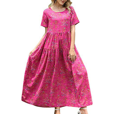 Women Casual Loose Bohemian Floral Dress / Pink / Medium