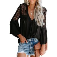 Women's Lace Crochet V Neck 3/4 Sleeve Button Down Blouses Casual Shirts Tops / Black / Small