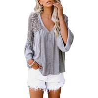 Women's Lace Crochet V Neck 3/4 Sleeve Button Down Blouses Casual Shirts Tops / Gray / Small