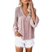 Women's Lace Crochet V Neck 3/4 Sleeve Button Down Blouses Casual Shirts Tops / Pink / 2XL