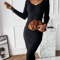 Women's Long Sleeve Dress V-neck Casual Dresses Soid Color Stripe Bodycon Dress Plus Size Long Dress / Black / Small