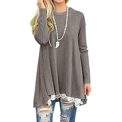 Women's Long Sleeve Lace Panel Top / Gray / Large