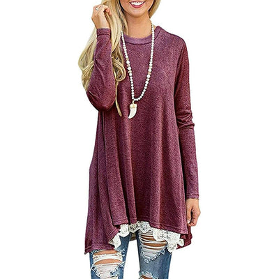 Women's Long Sleeve Lace Panel Top / Wine Red / XL
