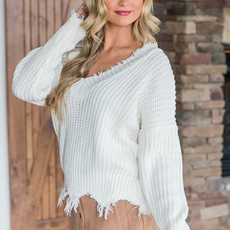 Women's Loose Knitted Sweater Long Sleeve V-Neck Ripped Pullover Sweat