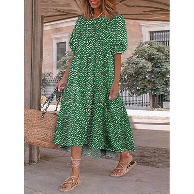 Women's Ruffled Patchwork Print Midi Dress / Green / XXXXL