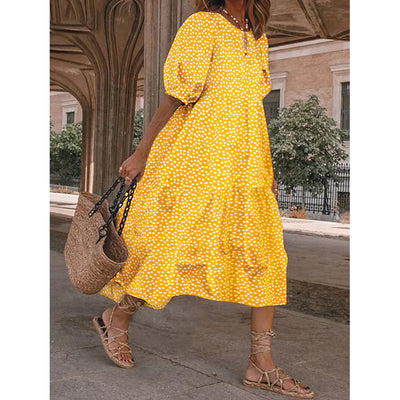 Women's Ruffled Patchwork Print Midi Dress / Yellow / XL