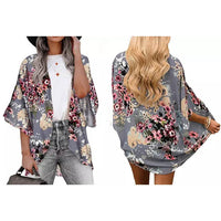Women's Summer Kimono Cardigan Cover Up in Leopard and Floral / Gray / Small