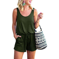 Women's Summer Tank Jumpsuit Casual Loose Sleeveless Beam Foot Elasitic Waist Jumpsuit Romper with Pockets / Army Green / Medium