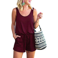 Women's Summer Tank Jumpsuit Casual Loose Sleeveless Beam Foot Elasitic Waist Jumpsuit Romper with Pockets / Wine Red / Small