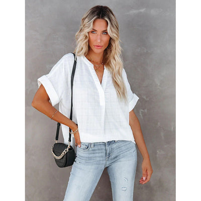 Women's V-Neck Loose Shirt Short Sleeve Top / White / 2XL