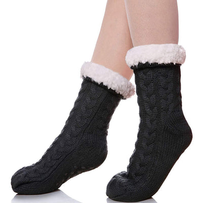 Women's Winter Super Soft Warm Cozy Fuzzy Fleece-Lined with Grippers Slipper Socks / Black